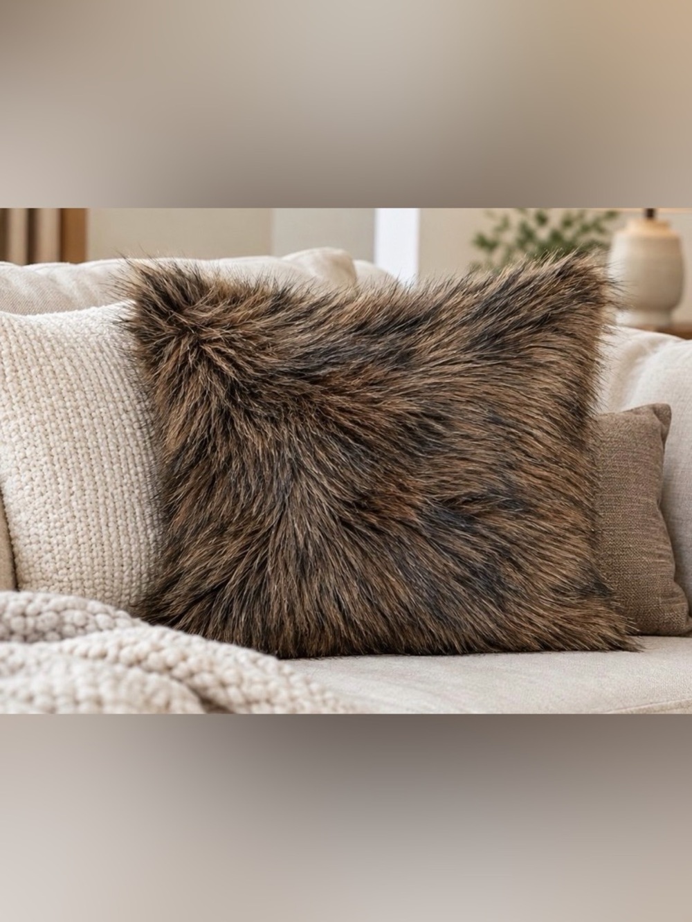 22” x 22” Faux Fur Throw Pillow – Brown NEW